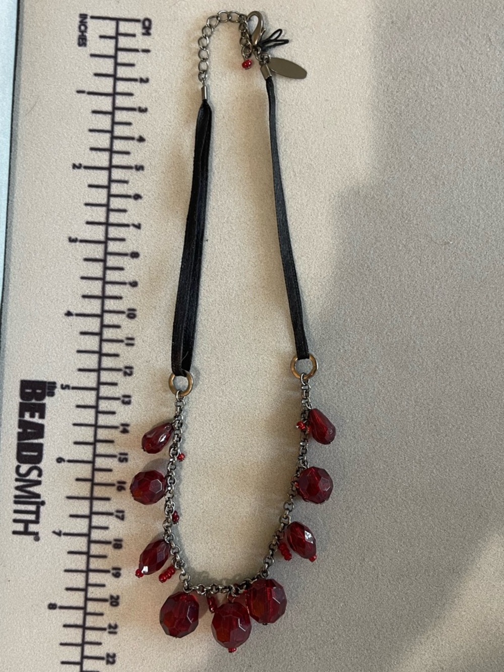 New York & Co Red Beaded Fringe Gunmetal Collar Necklace - Picture 7 of 7